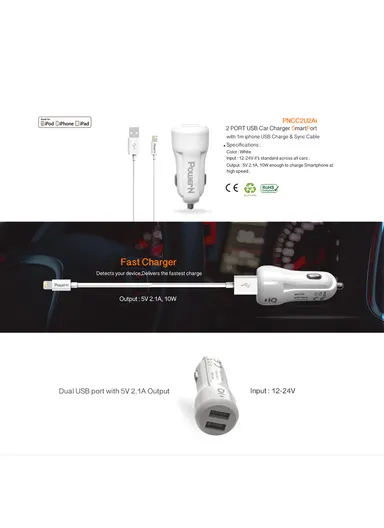 Dual Port USB Car Charger with Lightning Cable