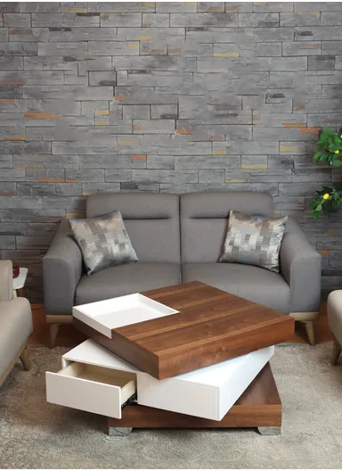 Salon Table (L80 x W80 x H48)cm - White &amp; Natural Wood Color