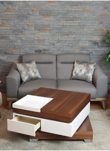 Salon Table (L80 x W80 x H48)cm - White &amp; Natural Wood Color