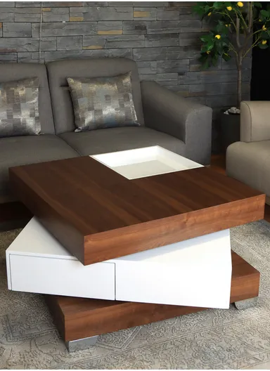 Salon Table (L80 x W80 x H48)cm - White &amp; Natural Wood Color