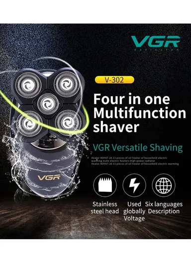 4-in-1 Fully-Washable USB-Rechargeable Electric Beard/ Head Shaver Beard Trimmer &amp; Face Cleanser Men's Grooming Kit V-302 - Black