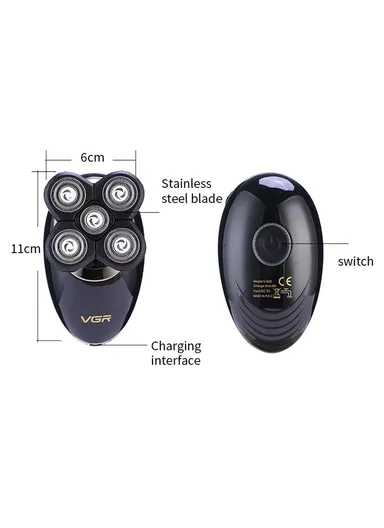 4-in-1 Fully-Washable USB-Rechargeable Electric Beard/ Head Shaver Beard Trimmer &amp; Face Cleanser Men's Grooming Kit V-302 - Black