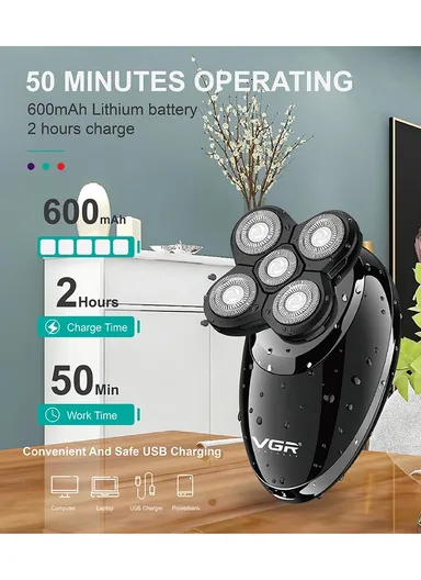 4-in-1 Fully-Washable USB-Rechargeable Electric Beard/ Head Shaver Beard Trimmer &amp; Face Cleanser Men's Grooming Kit V-302 - Black