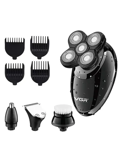 4-in-1 Fully-Washable USB-Rechargeable Electric Beard/ Head Shaver Beard Trimmer &amp; Face Cleanser Men's Grooming Kit V-302 - Black