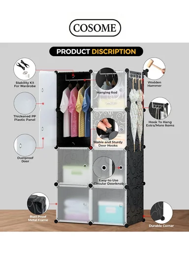 Capacious &amp; Customizable Clothes Closet Wardrobe Bedroom Armoire Dresser Cube Storage Organizer (W70 x D35 x H140)cm - Black