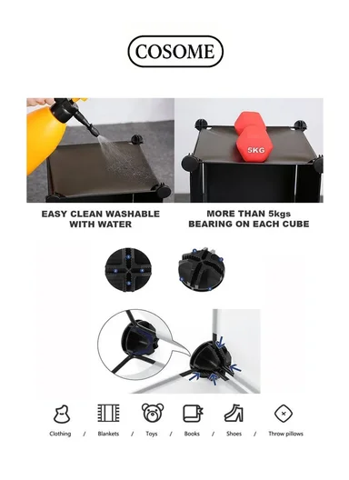 Capacious &amp; Customizable Clothes Closet Wardrobe Bedroom Armoire Dresser Cube Storage Organizer (W70 x D35 x H140)cm - Black