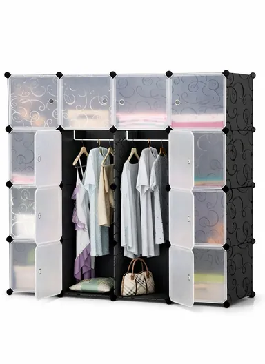 16-Cube Capacious &amp; Customizable Clothes Closet, Storage Organizer Wardrobe with 3 Hanging Rods (W140 x D35 x H140)cm - Black