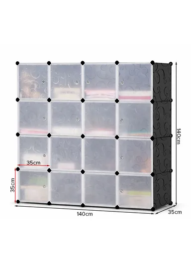 16-Cube Capacious &amp; Customizable Clothes Closet, Storage Organizer Wardrobe with 3 Hanging Rods (W140 x D35 x H140)cm - Black