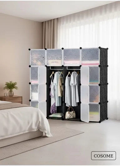 16-Cube Capacious &amp; Customizable Clothes Closet, Storage Organizer Wardrobe with 3 Hanging Rods (W140 x D35 x H140)cm - Black