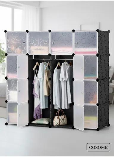 16-Cube Capacious &amp; Customizable Clothes Closet, Storage Organizer Wardrobe with 3 Hanging Rods (W140 x D35 x H140)cm - Black