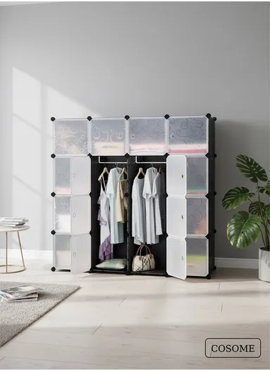 16-Cube Capacious &amp; Customizable Clothes Closet, Storage Organizer Wardrobe with 3 Hanging Rods (W140 x D35 x H140)cm - Black