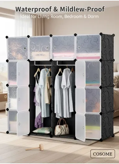 16-Cube Capacious &amp; Customizable Clothes Closet, Storage Organizer Wardrobe with 3 Hanging Rods (W140 x D35 x H140)cm - Black