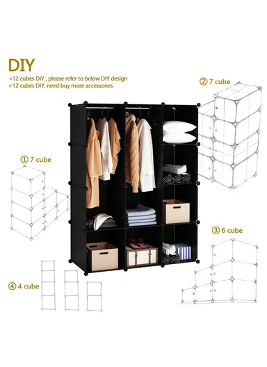 DIY Capacious &amp; Customizable Closet Wardrobe Bedroom Armoire Dresser Cube Storage Organizer (W105 x D35 x H140)cm - Black
