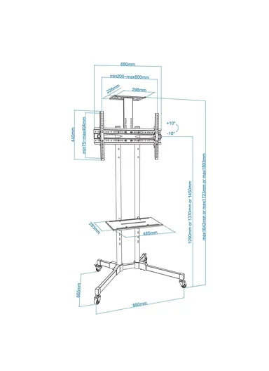 TV Mobile Cart Floor Stand for 30"-to-60" Flat TV with Two Shelves for Audio/Video Devices
