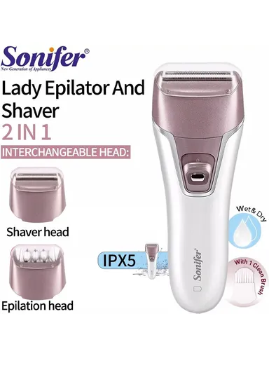Rechargeable IPX5 Waterproof 2-IN-1 Lady Epilator &amp; Shaver with 2 Interchangeable Shaver &amp; Epilation Heads &amp; Clean Brush SF-9521