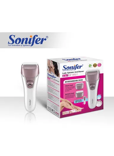 Rechargeable IPX5 Waterproof 2-IN-1 Lady Epilator &amp; Shaver with 2 Interchangeable Shaver &amp; Epilation Heads &amp; Clean Brush SF-9521