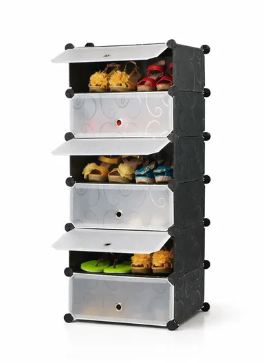 6 Levels Heavy-Duty Shoe Rack Cube Organizer DIY Plastic Storage Organizer Cabinet (W48 x D37 x H120)cm - Black