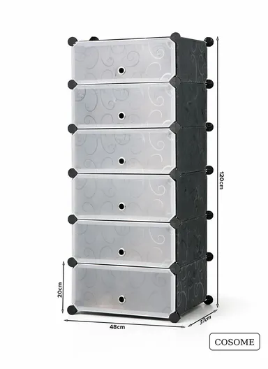 6 Levels Heavy-Duty Shoe Rack Cube Organizer DIY Plastic Storage Organizer Cabinet (W48 x D37 x H120)cm - Black
