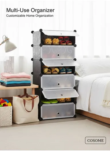 6 Levels Heavy-Duty Shoe Rack Cube Organizer DIY Plastic Storage Organizer Cabinet (W48 x D37 x H120)cm - Black