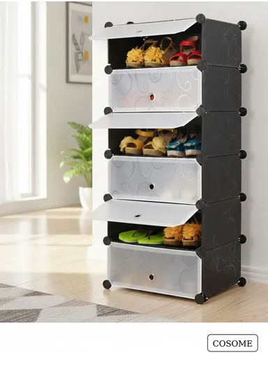 6 Levels Heavy-Duty Shoe Rack Cube Organizer DIY Plastic Storage Organizer Cabinet (W48 x D37 x H120)cm - Black