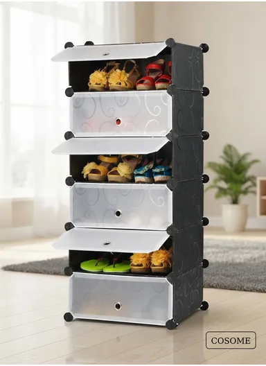 6 Levels Heavy-Duty Shoe Rack Cube Organizer DIY Plastic Storage Organizer Cabinet (W48 x D37 x H120)cm - Black