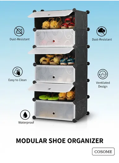 6 Levels Heavy-Duty Shoe Rack Cube Organizer DIY Plastic Storage Organizer Cabinet (W48 x D37 x H120)cm - Black