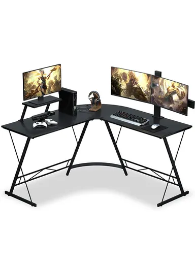 Portable Folding Computer &amp; Workstation Desk Simple Style Desk With Industrial Folding Steel Stand (L129+129 x W46 x H73.6)cm -Black