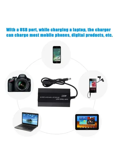 120W Universal Laptop Adaptor for Home &amp; Car With USB Output &amp; 12/15/16/18/19/20/22/24V Voltage Adjustment