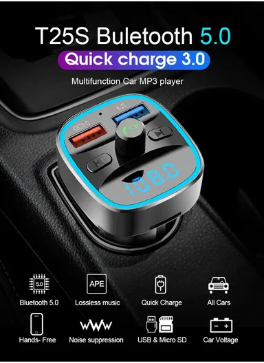 T25s Bluetooth 5.0 FM Transmitter Car Modulator Wireless Handsfree Kit Auto Audio MP3 Player QC3.0 Dual USB Charger