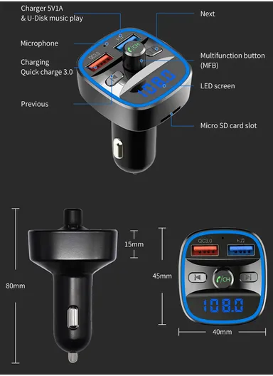 T25s Bluetooth 5.0 FM Transmitter Car Modulator Wireless Handsfree Kit Auto Audio MP3 Player QC3.0 Dual USB Charger