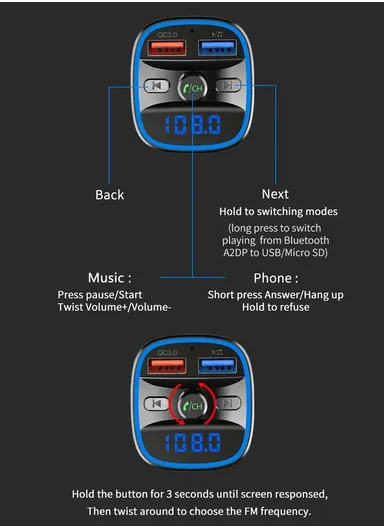 T25s Bluetooth 5.0 FM Transmitter Car Modulator Wireless Handsfree Kit Auto Audio MP3 Player QC3.0 Dual USB Charger
