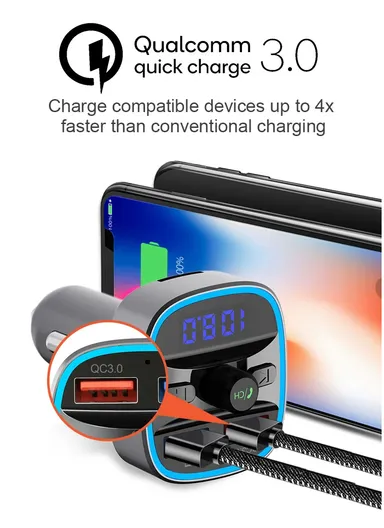 T25s Bluetooth 5.0 FM Transmitter Car Modulator Wireless Handsfree Kit Auto Audio MP3 Player QC3.0 Dual USB Charger