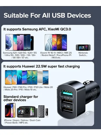 38W 3 USB Car Charger QC 3.0 3-Ports Fast Charger Car Phone Charging Adapter C-A19