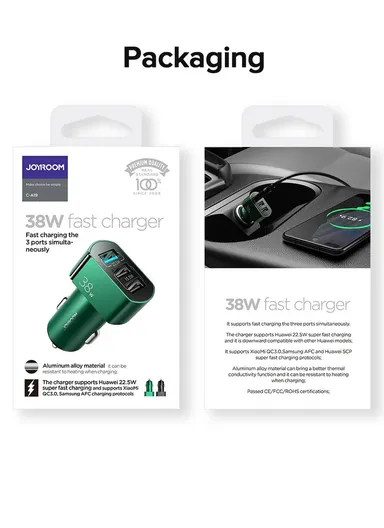 38W 3 USB Car Charger QC 3.0 3-Ports Fast Charger Car Phone Charging Adapter C-A19