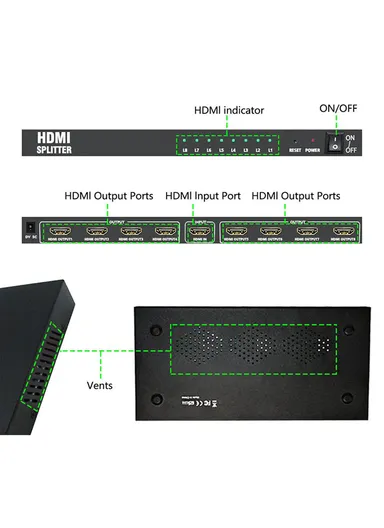 1 x 8 HDMI Splitter 4K x 2K One In Eight Out Powered 8 way HDMI Splitter Audio Video Distributor Amplifier With Charger Support Full HD