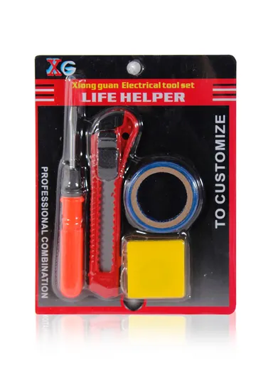 Xiong Guan XG Hand Tool Set: 0.8mm Thick Retractable Snap Off Utility Knife + Mini Flat Head Screwdriver + 1m Measuring Tape + Insulation Tape 