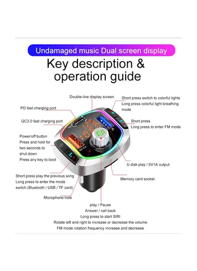 18W Multifunction Bluetooth Car FM Transmitter MP3 Player PD+QC3.0 Car Charger BC63