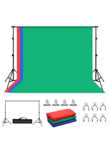 2x2.9m Photo Studio Background Support Stand Kit with Crossbar &amp; Red, Blue, Green Backdrops