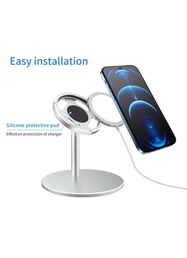Desktop Phone Holder Bracket with Adjustable Angle for iPhone 12 Magsafe Magnetic Wireless Charger - Silver