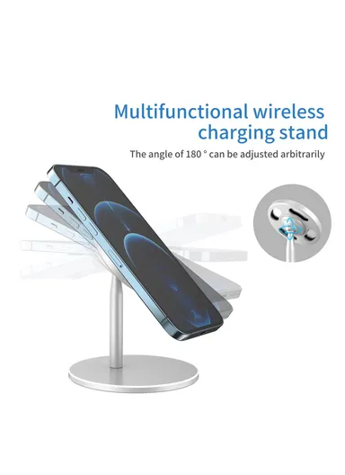 Desktop Phone Holder Bracket with Adjustable Angle for iPhone 12 Magsafe Magnetic Wireless Charger - Silver