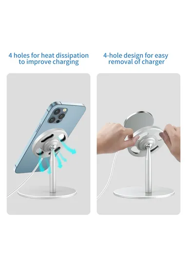 Desktop Phone Holder Bracket with Adjustable Angle for iPhone 12 Magsafe Magnetic Wireless Charger - Silver