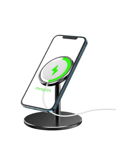 Desktop Phone Holder Bracket with Adjustable Angle for iPhone 12 Magsafe Magnetic Wireless Charger - Black