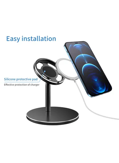 Desktop Phone Holder Bracket with Adjustable Angle for iPhone 12 Magsafe Magnetic Wireless Charger - Black