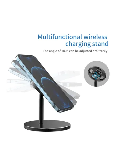 Desktop Phone Holder Bracket with Adjustable Angle for iPhone 12 Magsafe Magnetic Wireless Charger - Black