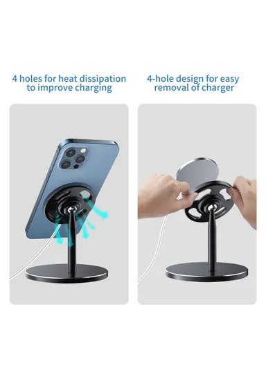 Desktop Phone Holder Bracket with Adjustable Angle for iPhone 12 Magsafe Magnetic Wireless Charger - Black