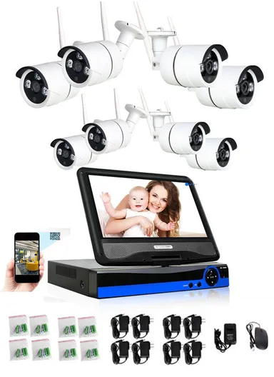 10.1" LCD Screen WiFi 8-Channel H.265 2.0MP WiFi NVR Kit With 8 Outdoor Waterproof 3.0MP Bullet Cameras XMEye