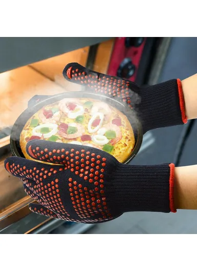 35CM BBQ Flame Retardant Cotton Cooking Kitchen Heat-Resisting Oven Welding Glove Single Hand - Black