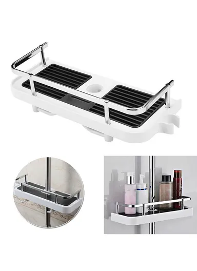 ABS Plastic Bathroom No Drilling Shampoo Tray Shower Head Holder With Double Hooks (L12 x W30 x H6)cm