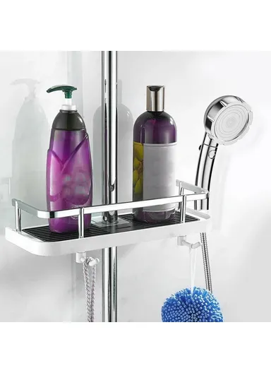 ABS Plastic Bathroom No Drilling Shampoo Tray Shower Head Holder With Double Hooks (L12 x W30 x H6)cm