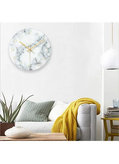 12 inch Marble Pattern Durable &amp; Rustless Decorative Glass Wall Clock (D30.5 x T0.4)cm - White